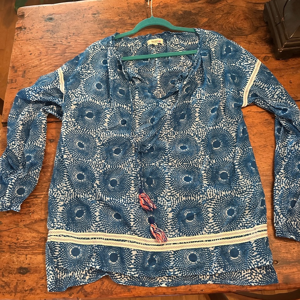 Lemlem Blouse Womens Large Blue Ikat Airy Lightweight Boho Tassel Semi Sheer
